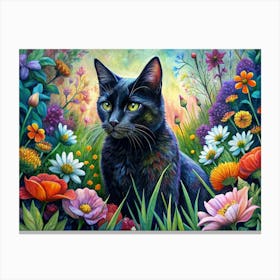 Black Cat In Flower Garden Canvas Print