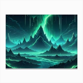 Dark Mountains Are Illuminated By Glowing Green Lightning Strikes And Pathways, Creating An Otherworldly Scene Of Vibrant Energy Canvas Print