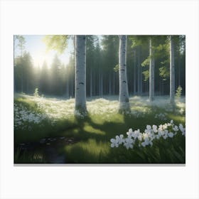 White Birch Standing In The Forest And The Meadow Below Canvas Print