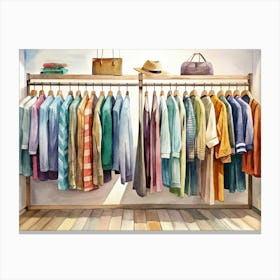 Watercolor Illustration Of A Clothing Rack With Various Garments Canvas Print