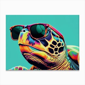 Illustration Of The Multi Colored Turtle S Face Wearing Sunglasses Against A Solid Aqua Background Leinwandbild