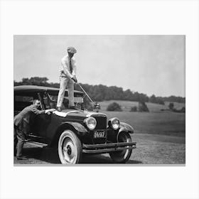 Man Playing Golf From Top of Car, Vintage Black and White Old Photo Canvas Print