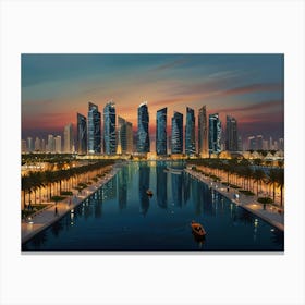 Dubai Skyline At Dusk Art Canvas Print