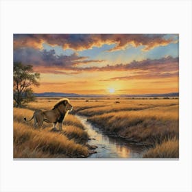 Lion At Sunset in Savannah Canvas Print