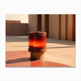 A Brown Cylindrical Container With A Translucent, Red Orange Liquid Inside, Sitting On A Wooden Stand In A Minimalist Setting With Beige And Brown Tones Canvas Print