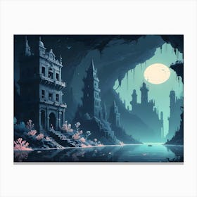 Pixel Art Landscape Of A Sunken City At Night, With The Moon Shining Through A Cave Opening Canvas Print