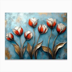 Group Of Red Tulips On A Blue Background Canvas Print