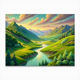 Green Valley With River And Mountains At Sunset Canvas Print