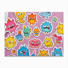 Collection Of Cute, Colorful, Cartoon Monsters On A Pink Background Canvas Print