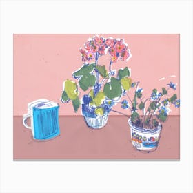 Blue Jug And Dancing Flowers Canvas Print