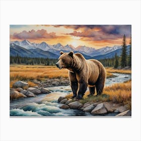 Prairie Dreams: A Tranquil Landscape Grizzly Bear Canvas Print