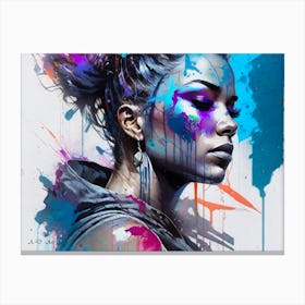 Dream Beauty In Rain Coat Portrait - Acid Wash Effect Color Splash Painting Canvas Print