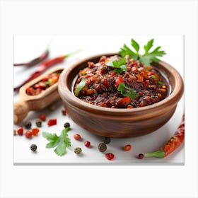 Chili Sauce In A Wooden Bowl Canvas Print