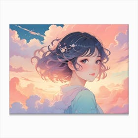 A Young Woman With Dark Hair And A Sweet Expression Against A Background Of Pink And Blue Clouds, Creating A Dreamy And Romantic Scene Canvas Print