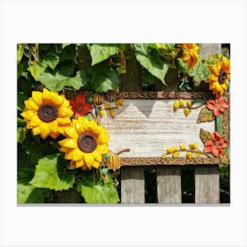 Closeup Of An Ornamental Wooden Signboard Propped Against A Rustic Fence Bright Yellow Sunflowers B (6) Canvas Print