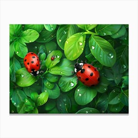 Ladybugs On Green Leaves 1 Canvas Print