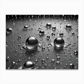 A Macro Shot Of Silver Liquid Droplets On A Dark, Metallic Surface Canvas Print