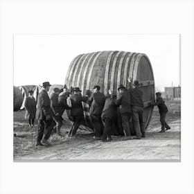 Group Of Men Lifting A Giant Barrel of Beer, Black and White Vintage Old Photo Canvas Print