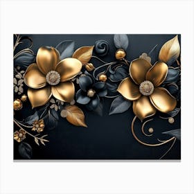 3d Artwork Illustration Background with Golden Jewelry and Flowers in Black Design 1 Canvas Print