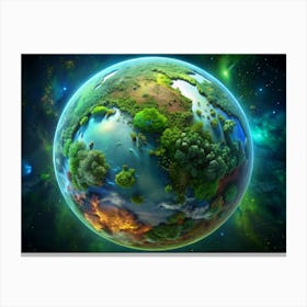 A Lush Green Planet With Clouds And Stars Canvas Print