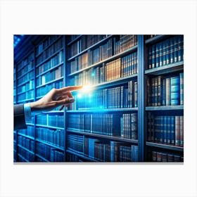 A Hand Reaches Out To Touch A Glowing Book On A Bookshelf In A Library, Symbolizing Knowledge, Learning, And Exploration Canvas Print