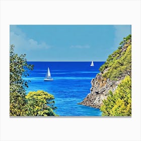 Serene Seascape Escape. The image depicts a tranquil coastal scene featuring a small, lush island surrounded by clear blue waters. Several boats are anchored nearby, and a person is seen riding a jet ski, leaving a trail of white foam behind. The sky is clear, enhancing the vibrant blue hues of the sea and sky, creating a picturesque and serene atmosphere. Canvas Print