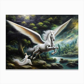 Chasing Dreams, A majestic white Pegasus dominates the composition, its wings outstretched as it soars through the air. The Pegasus is being chased by a maiden in white flowing silks. Crying out as she sees her dreams fly away. classic art Canvas Print