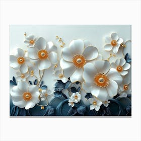 Sophisticated 3d Artwork Design, White and Blue Tones, Golden Jewelry, Floral Motifs 2 Canvas Print