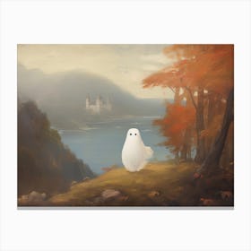 Cute Flying Ghost Autumn Fall Castle Landscape, Halloween Spooky Canvas Print
