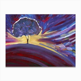 Sunset Tree - hand painted artwork purple blue yellow nature sky landscape horizontal bedroom living room brushstrokes Canvas Print