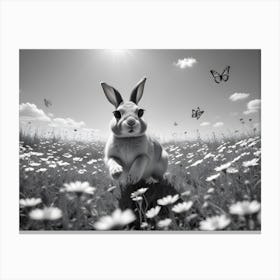 A Rabbit Running Through A Field Of Flowers Canvas Print