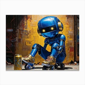 Blue Eyed Robot Inline Roller Skates Disguised As Sweaty Gold Aluminum Can Cobalt Blue Straw From Canvas Print