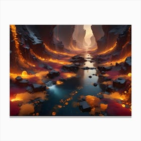 A Fantastical Landscape With A River Flowing Through A Canyon With Glowing Orbs And Lava Falls, Suggesting A Mystical Or Alien World Canvas Print