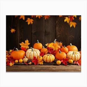 Autumn Themed Table Decoration Scattered Maple Leaves In Warm Shades Intermixed With Small Pumpkin Canvas Print