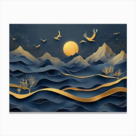 3d Modern Art With Dark Blue And Golden Wave Background Canvas Print