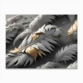 A Group Of White Feathers, With Gold Tips, Laid On A Textured Gray Surface With Delicate, Flowing Lines Canvas Print