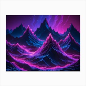 A Mountainous Landscape At Night With A Dramatic Starry Sky And Bright, Glowing Pink Neon Streaks Lighting Up The Mountain Peaks Canvas Print