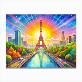 Cityscape Of Paris With Eiffel Tower And Rainbow Canvas Print