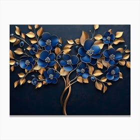 3d Luxury Tree with Blue Flowers, Gold Leaves on Dark Canvas Print