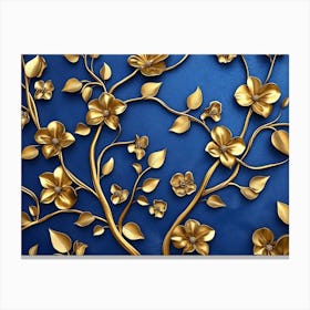 Elegant Gold and Royal Blue Floral Tree with Seamless Leaves and Flowers Canvas Print