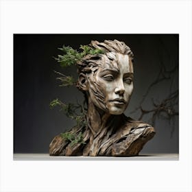 Sculpture Portrait Embodying The Essence Of Weathered Human Features Intertwined With Nature Face C Canvas Print