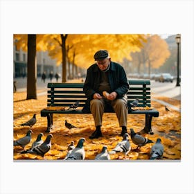 Man Feeding  Pigeons  Canvas Print