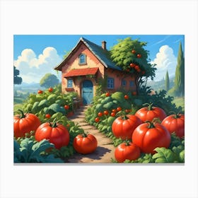 Cozy Farmhouse Surrounded By Giant Tomatoes Canvas Print