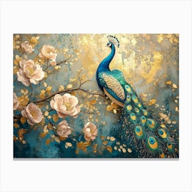 Exquisite Vintage Inspired Artistic Peacocks and Gold Accents Canvas Print