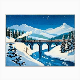 Vintage Travel Poster Illustration Featuring A Steam Train Crossing A Curved Viaduct In A Snowy Vall (1) Canvas Print