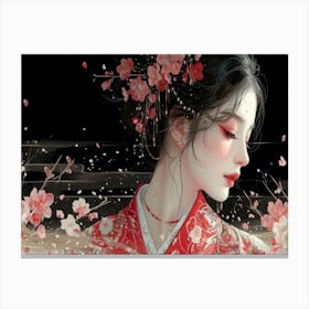 Geisha Grace: Elegance in Burgundy and Grey. Chinese Woman Canvas Print