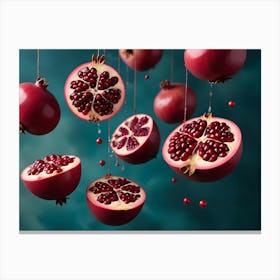 Pomegranate Halves Strung Up And Dripping Juice Against A Blue Background Canvas Print