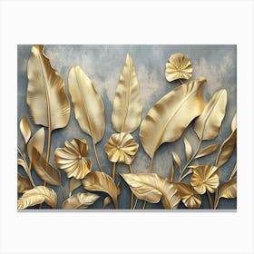 Gold Floral Plants And Palm Leaves 3d Illustration, Grey Background, Abstract Tropical Leaves, Banana Leaves Canvas Print