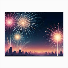 A Digital Illustration Of Fireworks Exploding In A Night Sky Above A Cityscape Silhouette Canvas Print