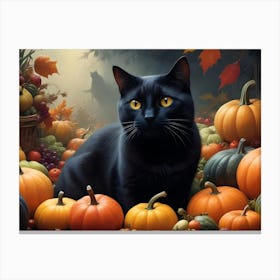 Black Cat Sitting In A Pile Of Pumpkins With A Forest Background Canvas Print